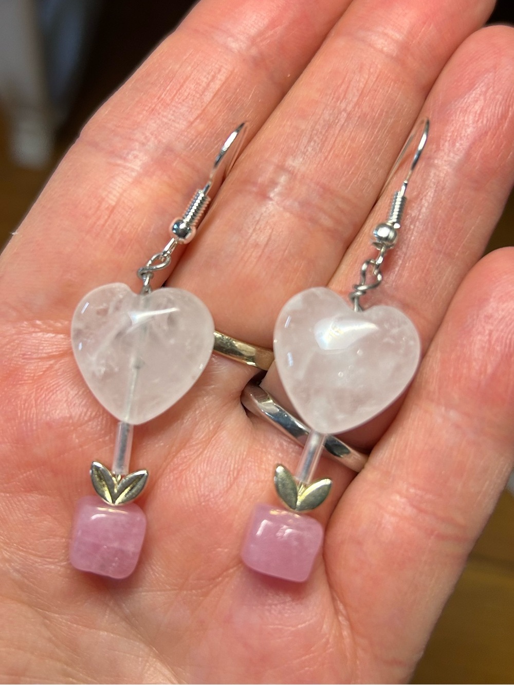 3/$25 Rose Quartz Heart Drop Earrings with Pink Strawberry Quart Detail
